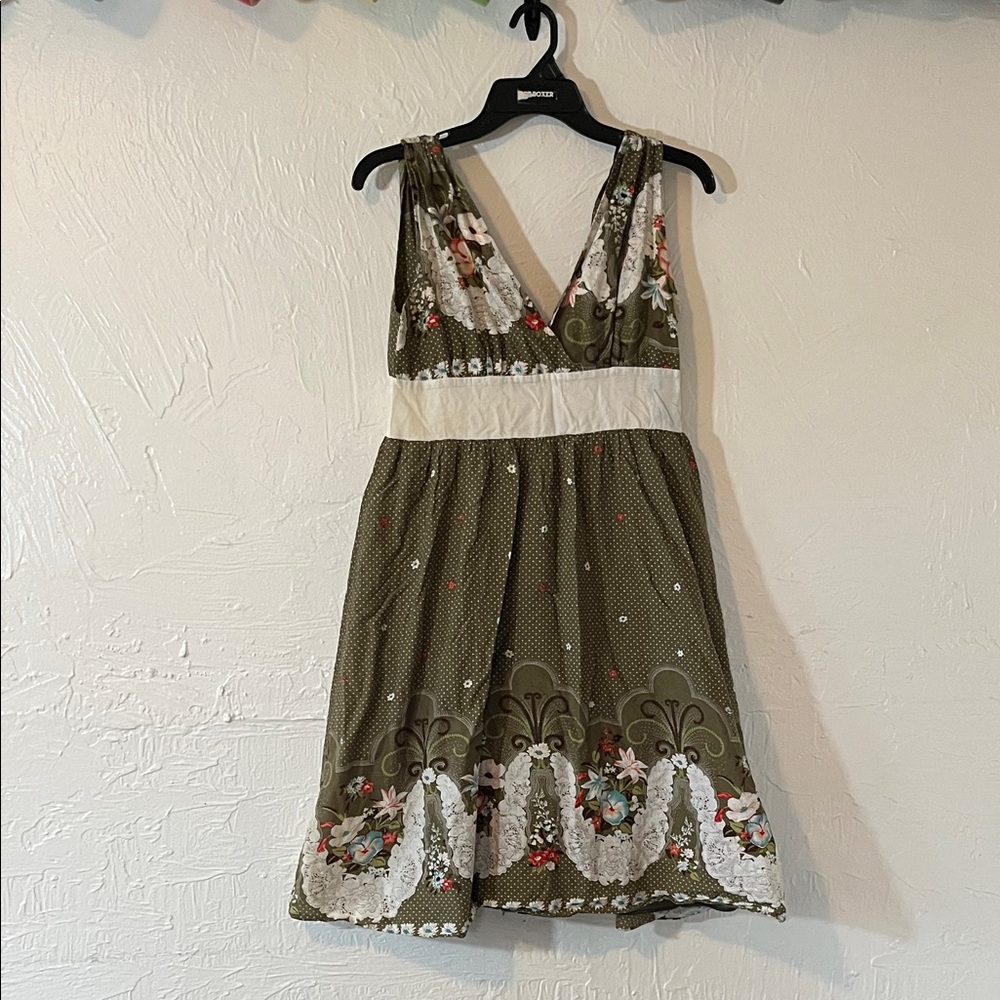 Olive Green Floral V-Neck Midi Dress with Cream Waistband